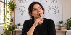 A woman considers an idea and a team sketched on a whiteboard.