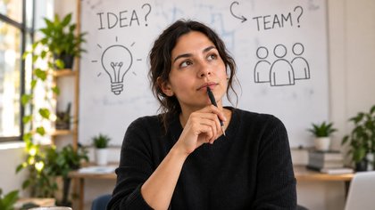 A woman considers an idea and a team sketched on a whiteboard.