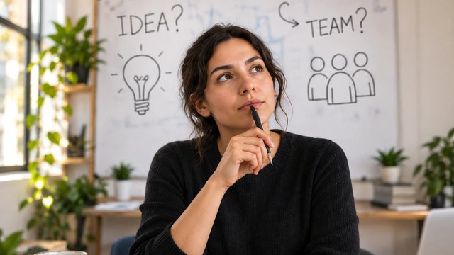 A woman considers an idea and a team sketched on a whiteboard.
