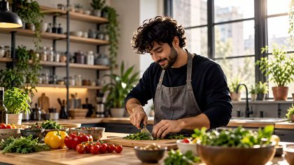 A man preparing fresh food in a professional kitchen.